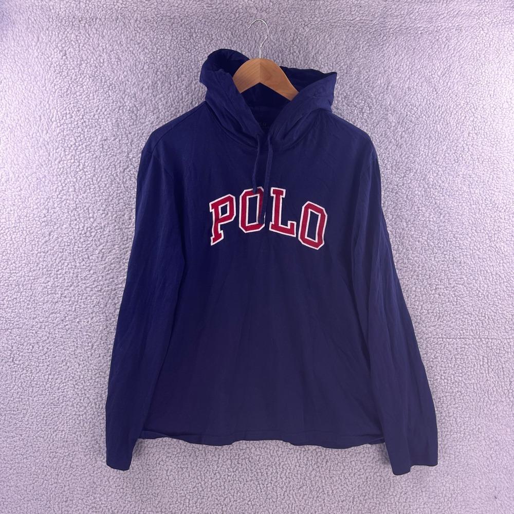 Polo Ralph Lauren Mens Large Navy Blue Spellout Logo Hooded Long Sleeve T-Shirt